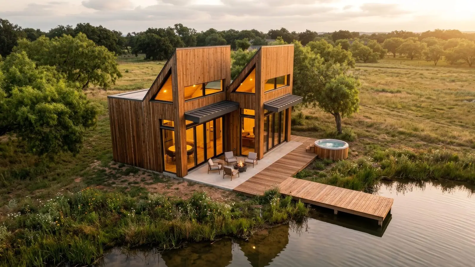 An angular timber house at golden hour beside a pond, with a dock and open meadow beyond